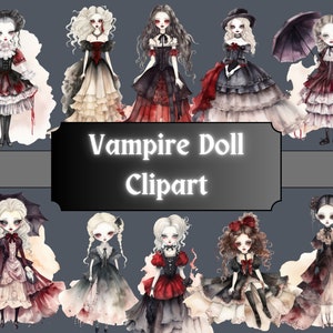 Vampire Doll Watercolor Clipart, Gothic Victorian Girl Clip Art, Halloween Red Spooky, PNG Bundle Scrapbook, Junk Journal, Digital Download
