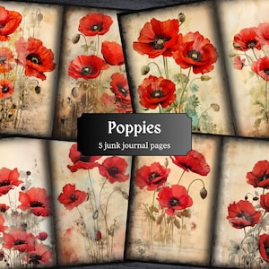 Páginas de lixo eletrônico de papoulas, páginas de papoula, páginas de diário floral, papel botânico para impressão de flores vermelhas, folha de colagem, download digital
