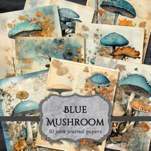Blue Mushroom Junk Journal Papers, Pagina Scrapbooking Fantasy Woodland, Pagine del diario Fungus, Stampabile, Foglio Collage, Download digitale