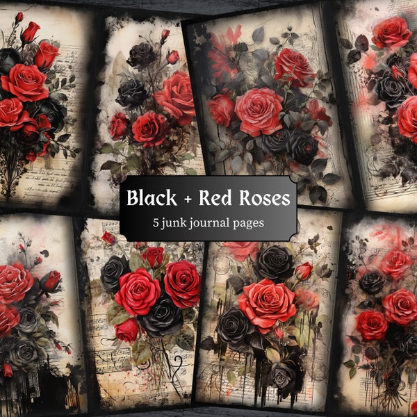 Black and Red Roses Junk Journal Pages Gothic Rose Scrapbook Floral Vintage Journal Page Printable Paper Collage Sheet Digital Download