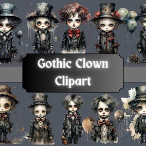 Payaso gótico acuarela Clipart, Creepy Clip Art, Halloween Spooky Circus Carnival, PNG Bundle Scrapbook, Junk Journal, Descarga digital