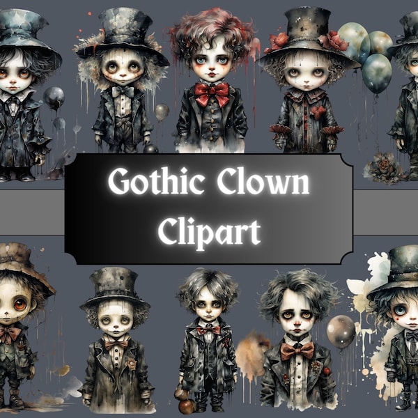 Gothique Clown Clipart aquarelle, Creepy Clip Art, Halloween Spooky cirque carnaval, PNG Bundle Scrapbook, Junk Journal, téléchargement numérique