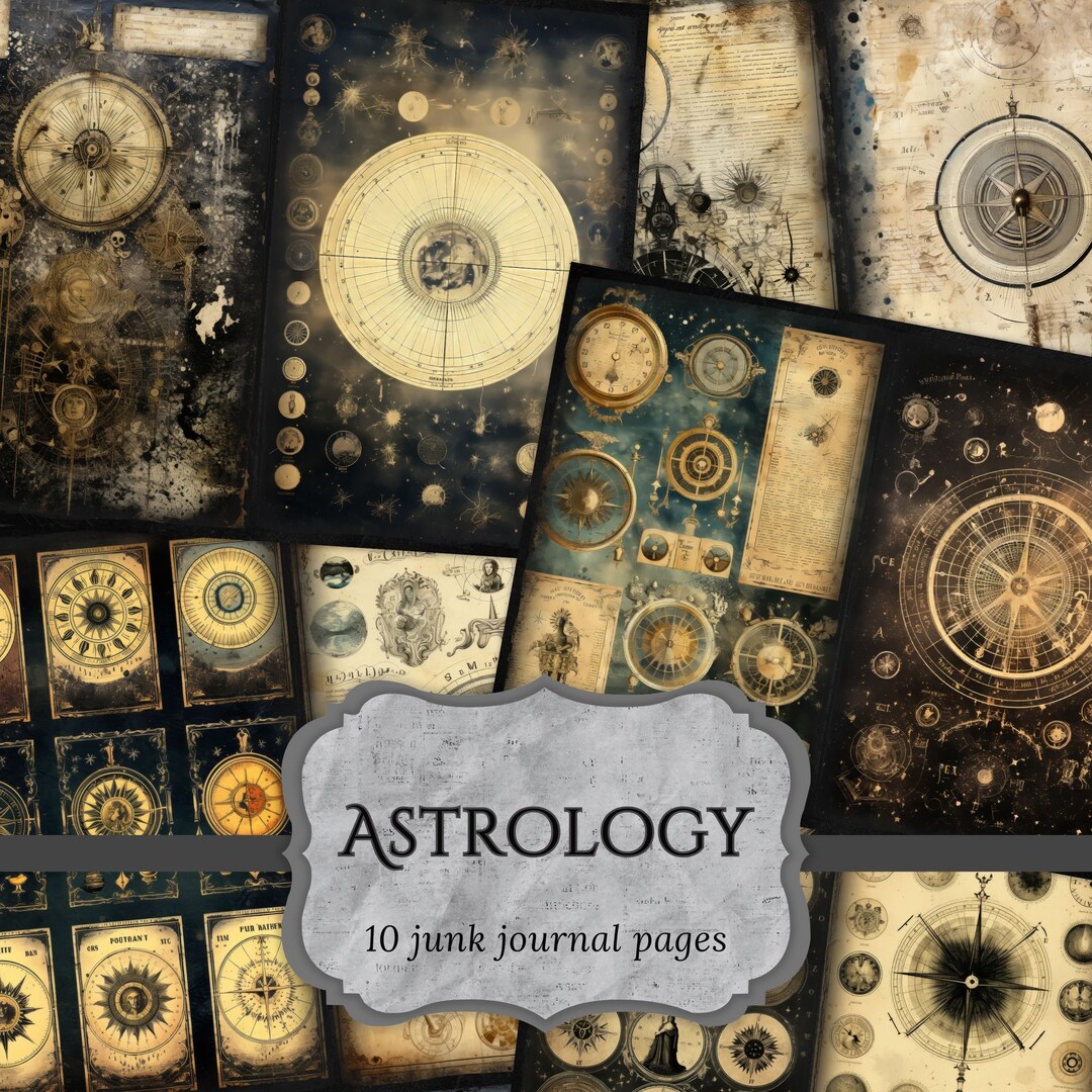 Astrology Junk Journal Pages, Zodiac Scrapbook Page, Celestial Journal