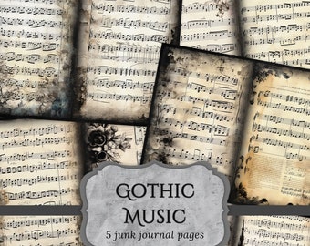 Gothic Music Junk Journal Pages, Musical Sheet Scrapbook Page, Vintage Journal Pages, Printable Paper, Collage Sheet, Digital Download
