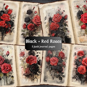 Black and Red Roses Junk Journal Pages, Gothic Rose Scrapbook, Floral Vintage Journal Page, Printable Paper, Collage Sheet, Digital Download