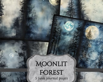 Moonlit Forest Junk Journal Pages, Dark Woodland Scrapbook Page, Fantasy Journal Pages, Printable Paper, Collage Sheet, Digital Download