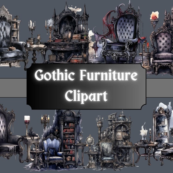 Imágenes Prediseñadas de acuarela de muebles góticos, imágenes prediseñadas de fantasía oscura, paquete PNG de silla antigua, mesa victoriana, diario basura, descarga digital