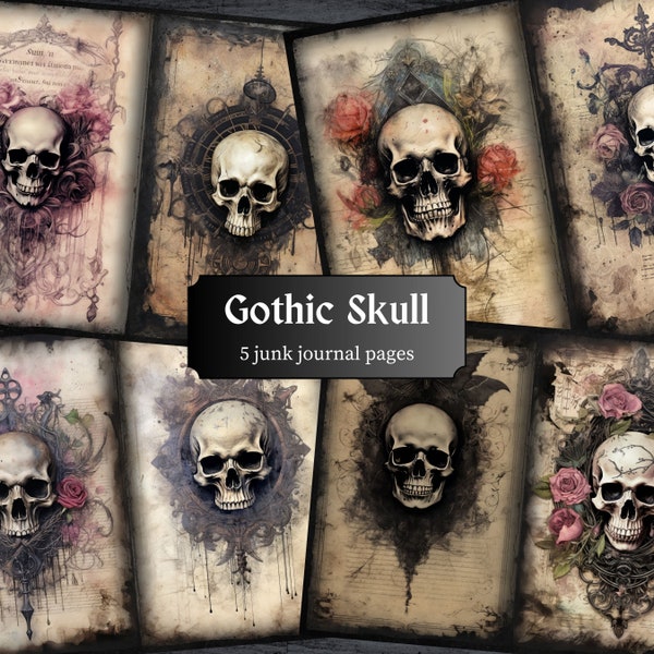 Gothic Skull Junk Journal Pages, Dark Fantasy Scrapbook Page, Roses Journal Page, Printable Paper, Collage Sheet, Digital Download