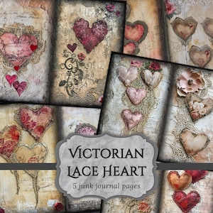 Victorian Lace Heart Junk Journal Papers, Valentines Scrapbook Page, Love Journal Pages, Printable Paper, Collage Sheet, Digital Download