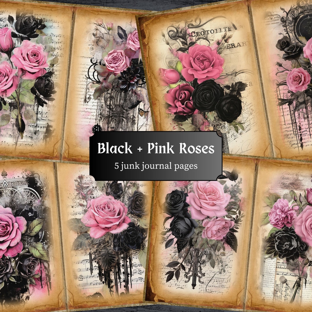 Black and Pink Roses Junk Journal Pages, Gothic Rose Scrapbook, Floral ...