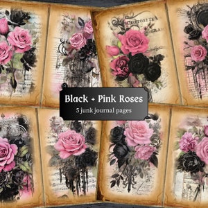 Black and Pink Roses Junk Journal Pages, Gothic Rose Scrapbook, Floral Vintage Journal Page, Printable Paper, Collage Sheet Digital Download