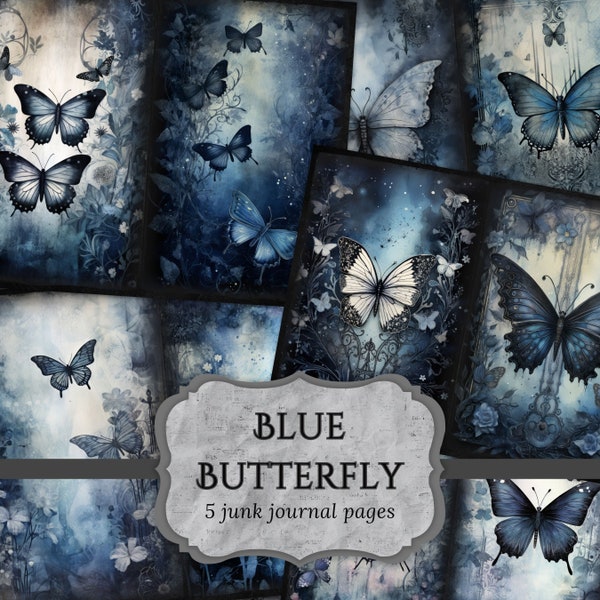 Blue Butterfly Junk Journal Pages, Dark Fantasy Scrapbook, Gothic Journal Page, Printable Paper, Collage Sheet, Digital Download