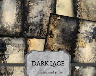 Dunkle Spitze Junk Journal Seiten, Gothic Stoff Scrapbook Seite, Mixed Media Journal Seite, druckbares Papier, Collage Blatt, digitaler Download