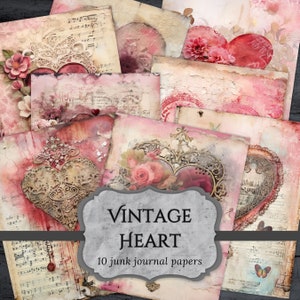 Vintage Heart Junk Journal Papers, Valentines Scrapbook Page, Floral Love Journal Pages, Printable Paper, Collage Sheet, Digital Download