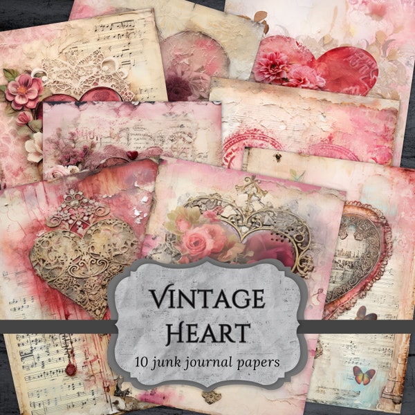 Vintage Heart Junk Journal Papers, Valentines Scrapbook Page, Floral Love Journal Pages, Printable Paper, Collage Sheet, Digital Download