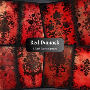Red Damask Junk Journal Pages, Gothic Scrapbook Page, Wallpaper Journal Page, Printable Paper, Collage Sheet, Digital Download