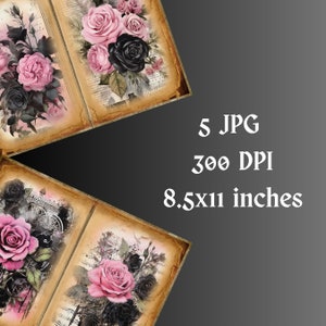 Black and Pink Roses Junk Journal Pages, Gothic Rose Scrapbook, Floral ...