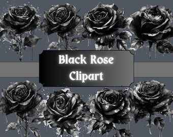 Volle schwarze Rosen Aquarell Clipart, Blumen Clip Art, Gothic Blumen und Blätter, PNG Bundle, Junk Journal, digitaler Download, kommerzielle Nutzung