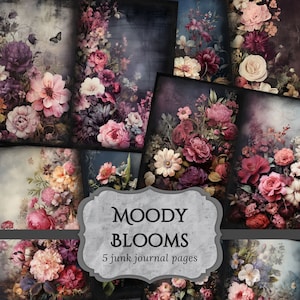 Moody Blooms Pagine di diario spazzatura, Pagine di album di fiori scuri, Pagine di diario di fiori, Carta stampabile, Foglio di collage, Download digitale