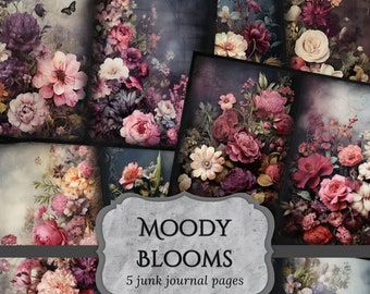 Moody Blooms Junk Journal Pages, Dark Florals Scrapbook Pages, Flowers Journal Pages, Printable Paper, Collage Sheet, Digital Download