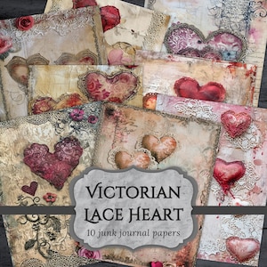 Victorian Lace Heart Junk Journal Papers, Valentines Scrapbook Page, Love Journal Pages, Printable Paper, Collage Sheet, Digital Download