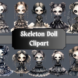 Skeleton Doll Clipart, Skull Victorian Girl Clip Art, Halloween Spooky, Gothic PNG Bundle Scrapbook, Junk Journal, Digital Download