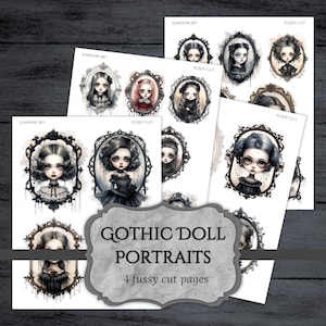 Poupées gothiques portraits, pages coupées difficiles, éphémères de fille victorienne, complément pour journal indésirable sombre, papier imprimable, feuille de collage, téléchargement numérique