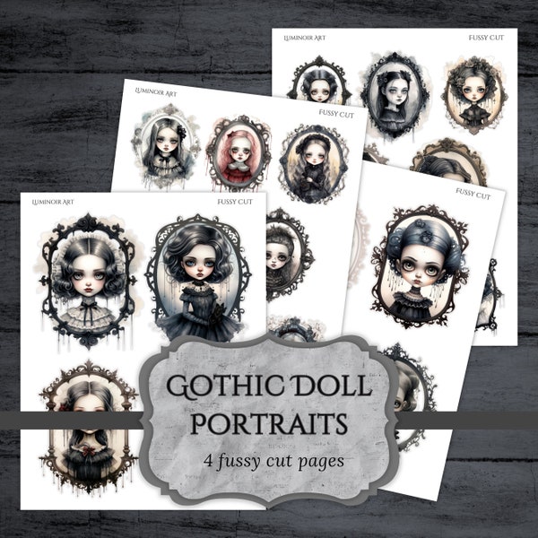 Gothic Doll Portraits Fussy Cut Pages, Victorian Girl Ephemera, Dark Junk Journal Add On, Printable Paper, Collage Sheet, Digital Download