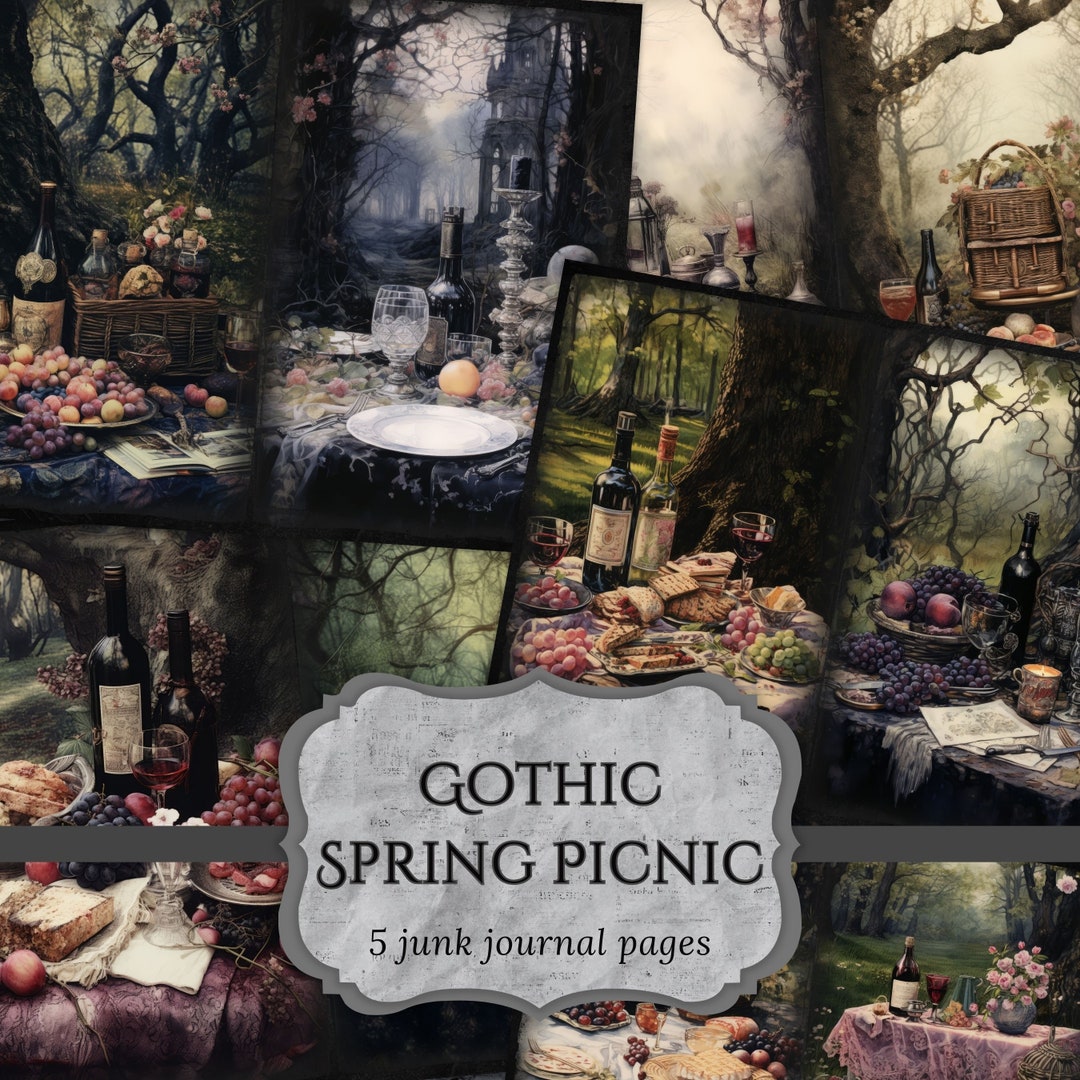 Gothic Spring Picnic Junk Journal Pages, Victorian Scrapbook Page, Dark ...