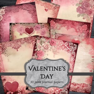 Valentine&#39;s Day Junk Journal Papers, Pink Hearts Border Scrapbook Page, Love Journal Page, Printable Paper, Collage Sheet, Digital Download