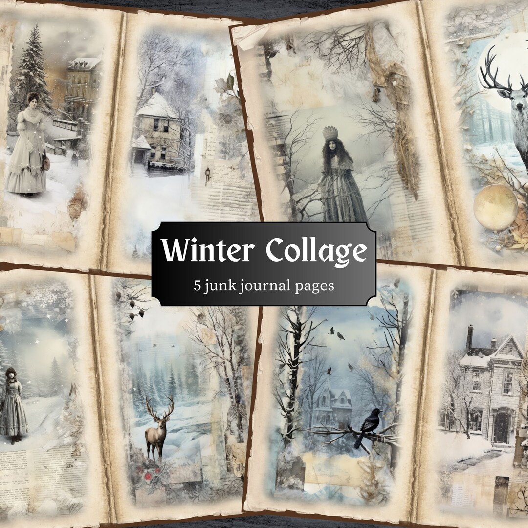 Winter Collage Junk Journal Pages, Mixed Media Scrapbook Page, Vintage ...