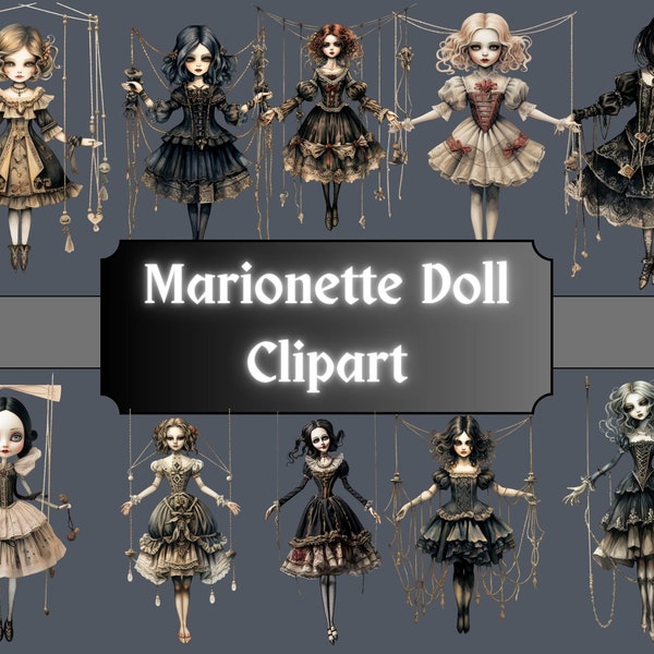 Marionette Doll Clipart, Gothic Puppet Clip Art, Wooden Limbs Doll, String Girl PNG Bundle Scrapbook, Junk Journal, Digital Download