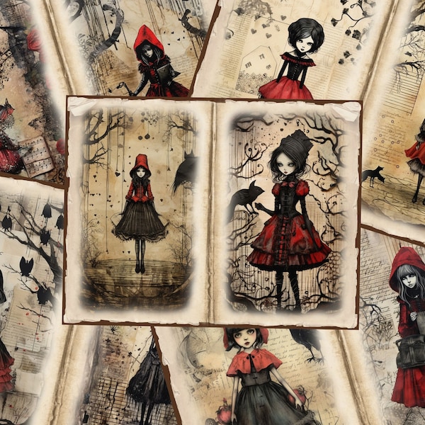 Chaperon rouge Junk Journal Pages Halloween Scrapbooking Page Gothique vintage Journal Pages Imprimable Papier Collage Feuille Téléchargement Numérique