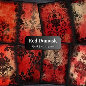 Red Damask Junk Journal Pages, Gothic Scrapbook Page, Wallpaper Journal Page, Printable Paper, Collage Sheet, Digital Download
