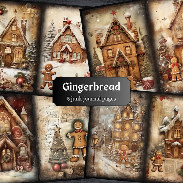 Christmas Gingerbread Junk Journal Pages, Ginger Bread House Scrapbook Page, Journal Page, Printable Paper, Collage Sheet, Digital Download