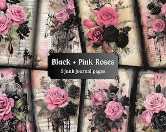 Black and Pink Roses Junk Journal Pages Gothic Rose Scrapbook Floral Vintage Journal Page Printable Paper Collage Sheet Digital Download