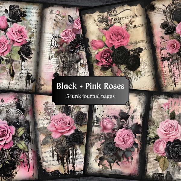 Black and Pink Roses Junk Journal Pages Gothic Rose Scrapbook Floral Vintage Journal Page Printable Paper Collage Sheet Digital Download