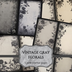 Vintage Gray Florals Junk Journal Pages, Gothic Flowers Scrapbook Page, Journal Pages, Printable Paper, Collage Sheet, Digital Download