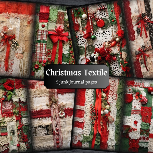Christmas Textiles Junk Journal Pages, Xmas Scrapbook, Fabric Scraps Journal Page, Printable Paper, Collage Sheet, Digital Download