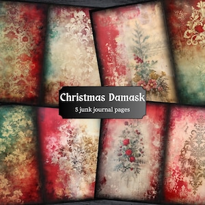 Christmas Damask Junk Journal Pages, Xmas Wallpaper Scrapbook Page, Grungy Journal Page, Printable Paper, Collage Sheet, Digital Download