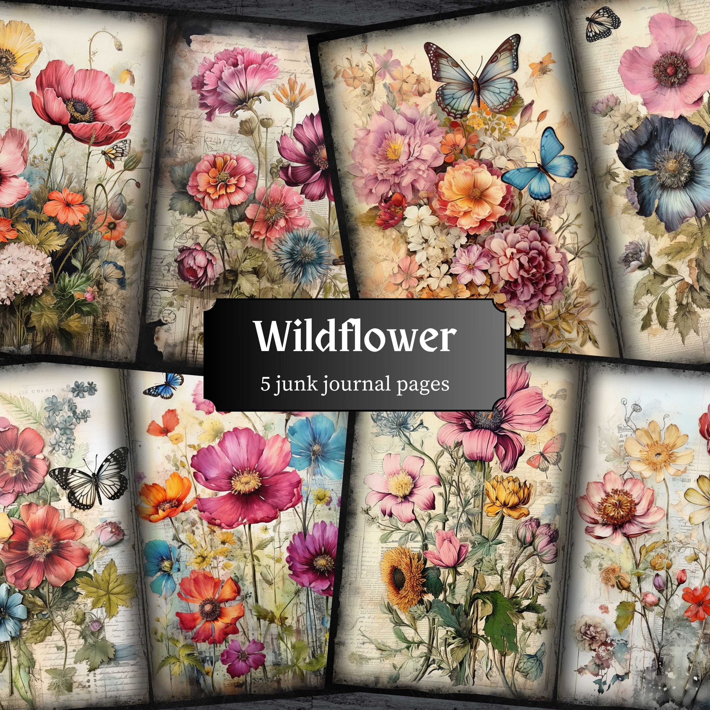 Wildflower Junk Journal Pages, Wild Flowers Scrapbook Page, Floral Vintage Journal Page, Printable Paper, Collage Sheet, Digital Download