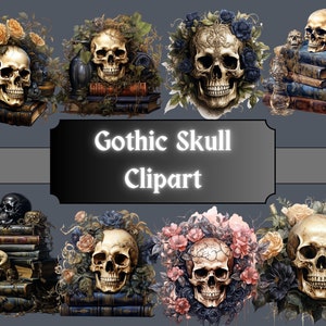 Gothic Skull Clipart, Skeletal Clip Art, Halloween PNG Bundel, Floral Head Graphics, Boeken, Scrapbook, Junk Journal, Digitale Download