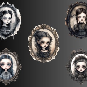 Gothic Puppe Portrait Aquarell Clipart, viktorianischen Mädchen Rahmen Clip Art, Puppen PNG Bundle, Puppe Collage, Junk Journal, digitaler Download Bild 4