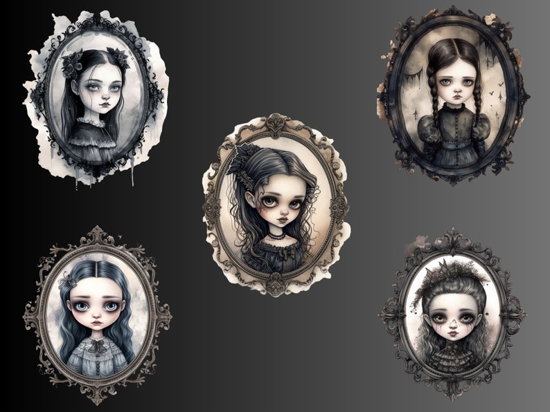 Gothic Puppe Portrait Aquarell Clipart, viktorianischen Mädchen Rahmen Clip Art, Puppen PNG Bundle, Puppe Collage, Junk Journal, digitaler Download Bild 4