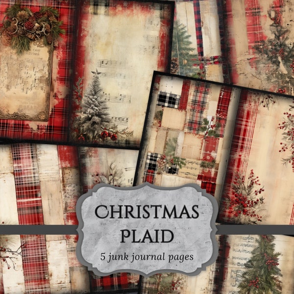 Christmas Plaid Junk Journal Pages, Xmas Scrapbook Page, Mixed Media Journal Page, Printable Paper, Collage Sheet, Digital Download