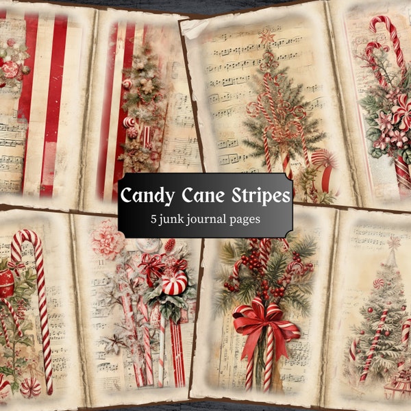 Candy Cane Stripes Junk Journal Pages, Christmas Scrapbook Page, Mixed Media Journal Page, Printable Paper, Collage Sheet, Digital Download