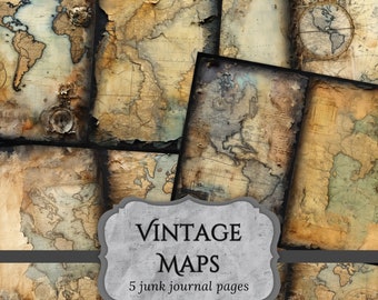 Vintage Maps Junk Journal Pages, Globe Scrapbook Page, Old Charts Journal Page, Printable Paper, Collage Sheet, Digital Download
