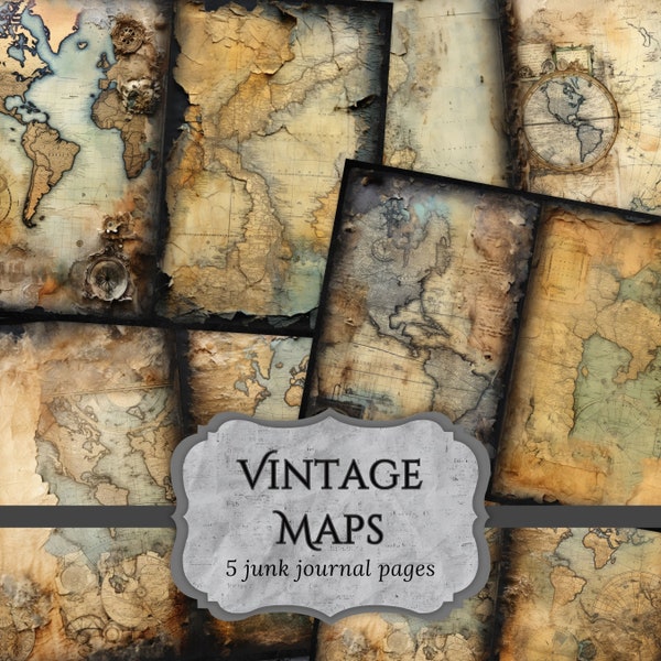 Vintage Maps Junk Journal Pages, Globe Scrapbook Page, Old Charts Journal Page, Printable Paper, Collage Sheet, Digital Download