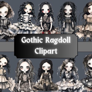 Gothic Rag Doll Watercolor Clipart, Patchwork Girl Clip Art, Black and White Stripes, PNG Bundle Scrapbook, Junk Journal, Digital Download