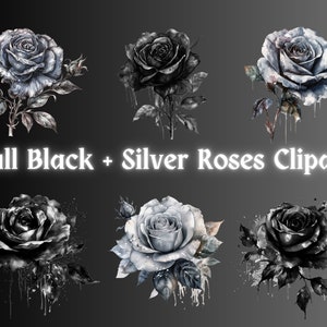 Full Black + Silver Roses Watercolor Clipart, Floral Clip Art, Gothic Flowers, PNG Bundle, Junk Journal, Digital Download, Commercial Use